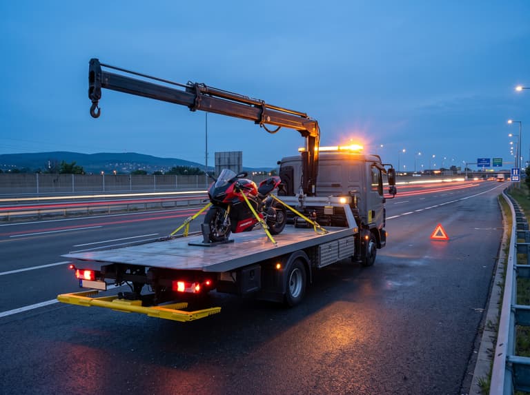 Motorkerékpár rögzítve az autómentő platóján – autómentés Eger